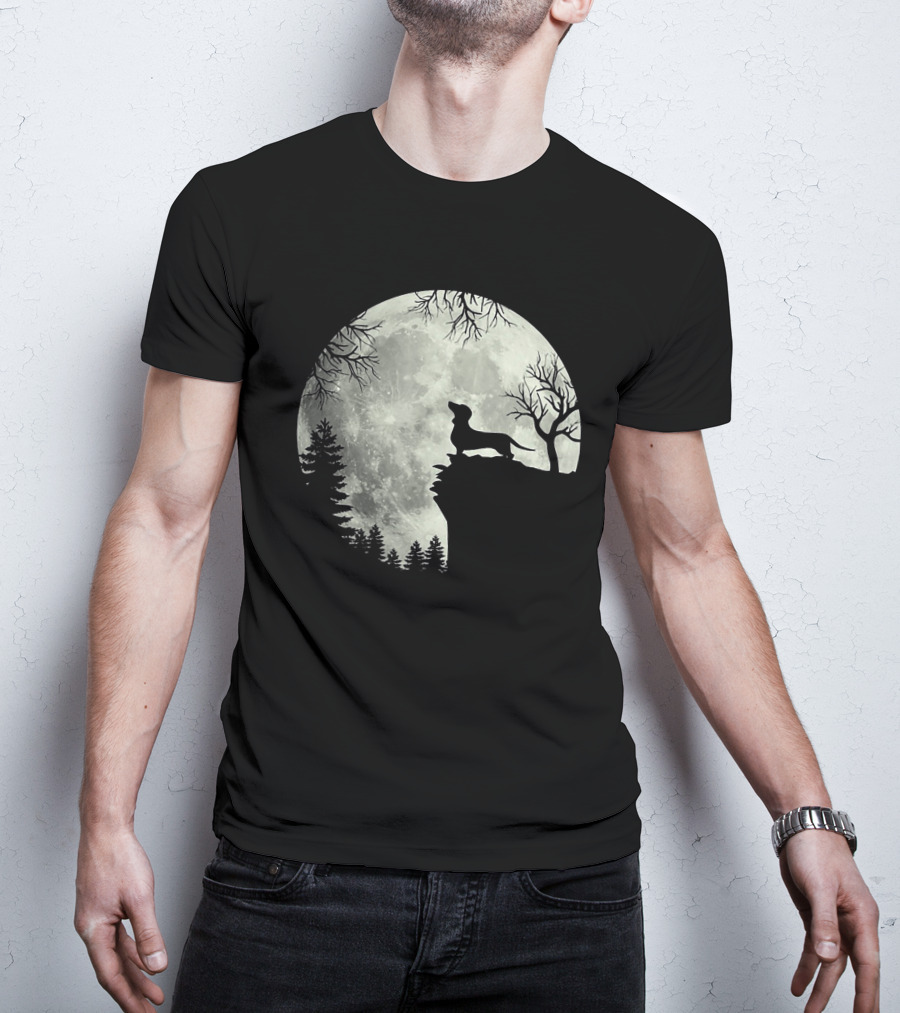 Dachshund Silhouette Howling At Full Moon In Forest Night Scene T-Shirt