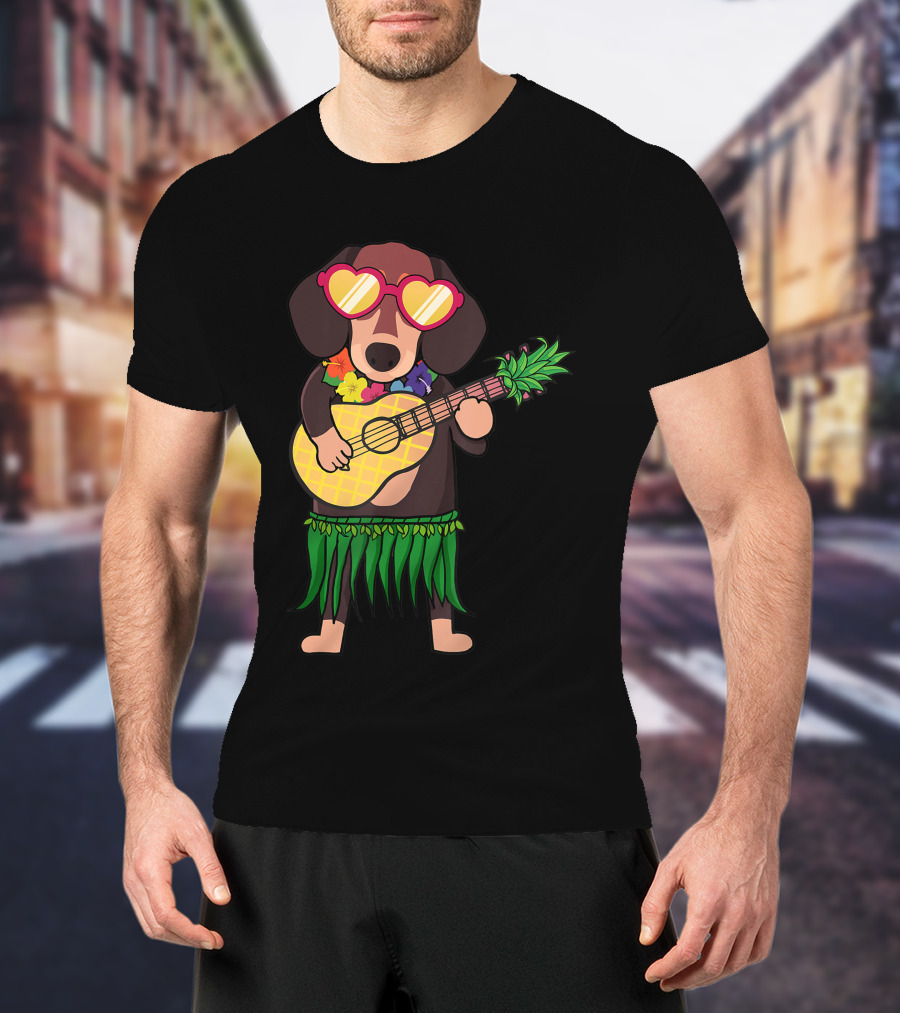 Dachshund Hawaiian Ukulele Player In Summer Costume With Sunglasses T-Shirt