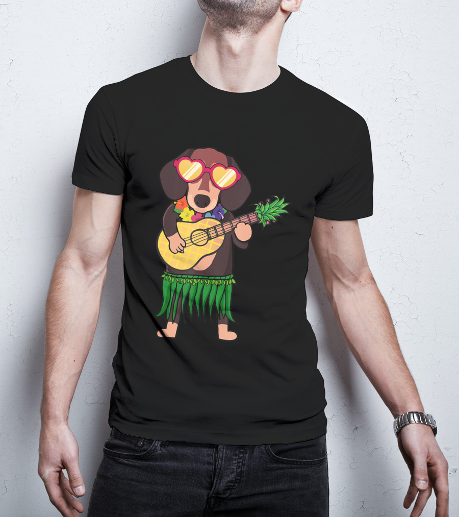 Dachshund Hawaiian Ukulele Player In Summer Costume With Sunglasses T-Shirt