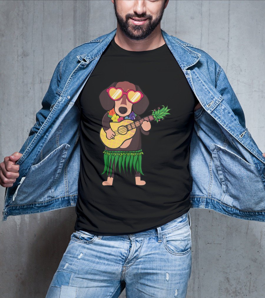 Dachshund Hawaiian Ukulele Player In Summer Costume With Sunglasses T-Shirt