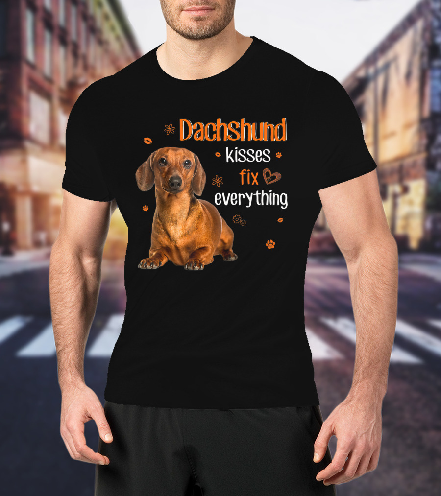 Dachshund Kisses Fix Everything Dachshund Lover Orange Paw Prints T-Shirt