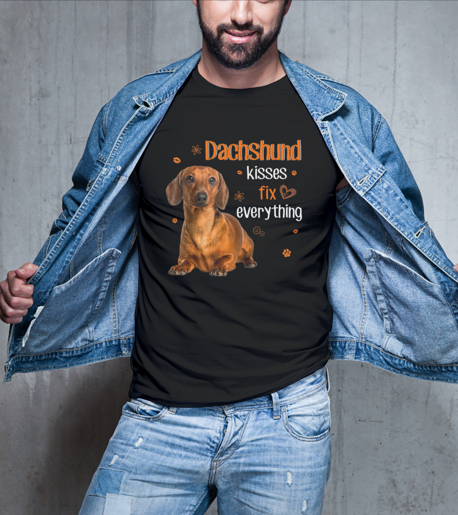Dachshund Kisses Fix Everything Dachshund Lover Orange Paw Prints T-Shirt