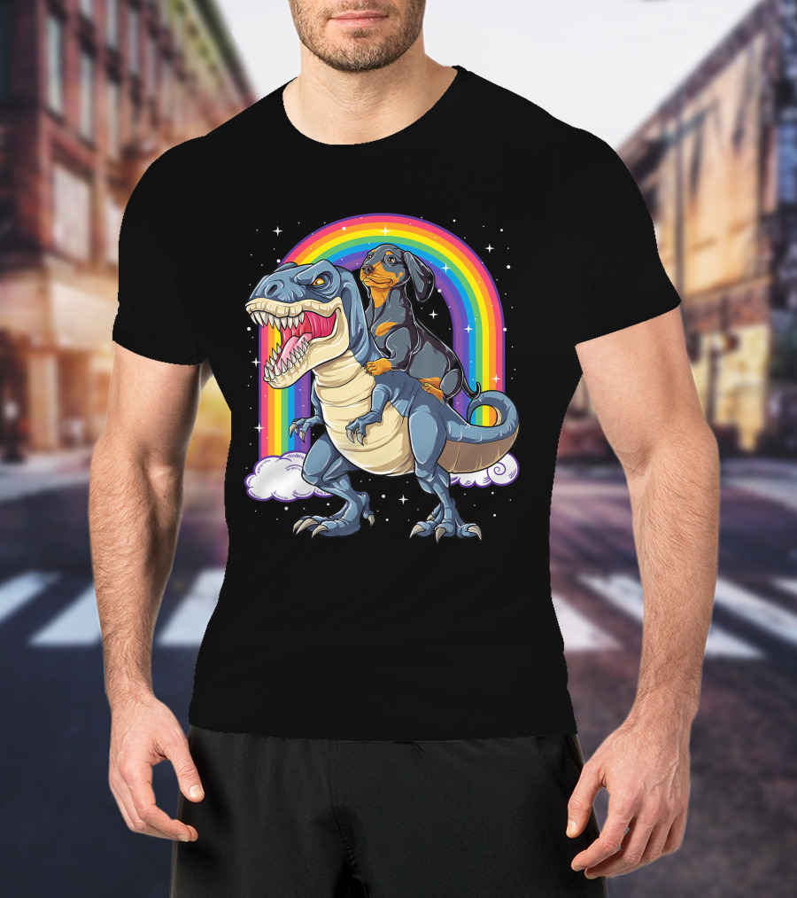 Dachshund Riding Dinosaur Rex T-Shirt