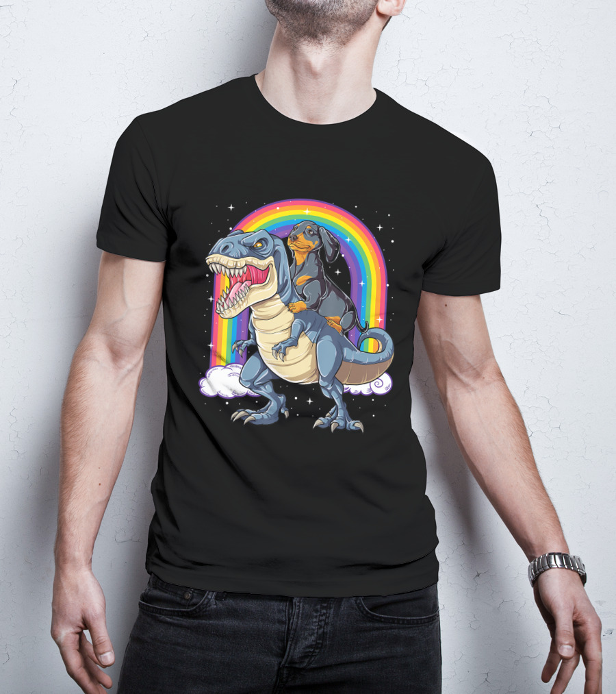 Dachshund Riding Dinosaur Rex T-Shirt