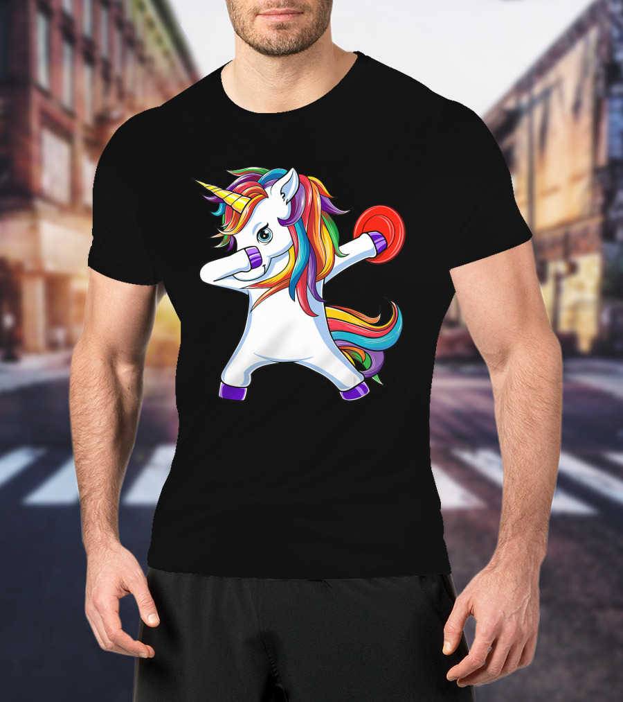 Unicorn Dabbing With Rainbow Mane Playing Disc Golf T-Shirt