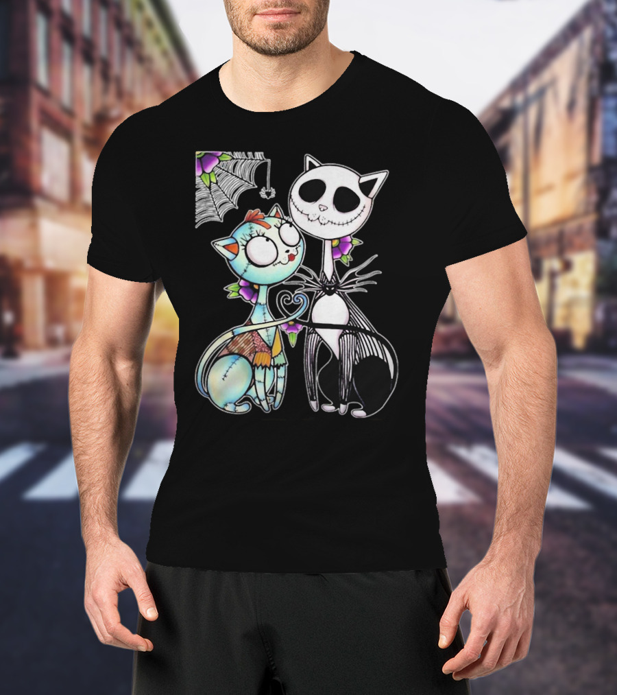 Jack Skellington Cat And Sally Cat With Heart Umbrella And Stitching Elements T-Shirt