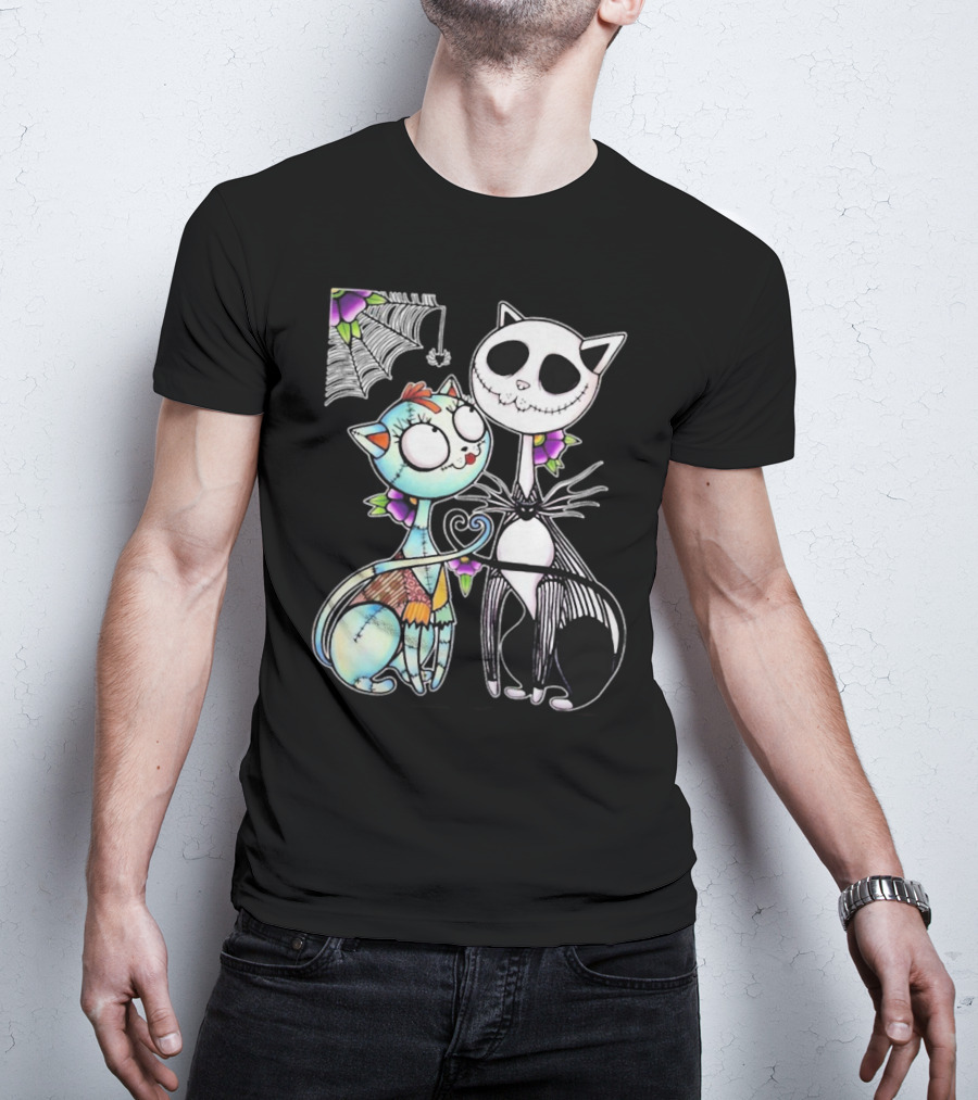 Jack Skellington Cat And Sally Cat With Heart Umbrella And Stitching Elements T-Shirt