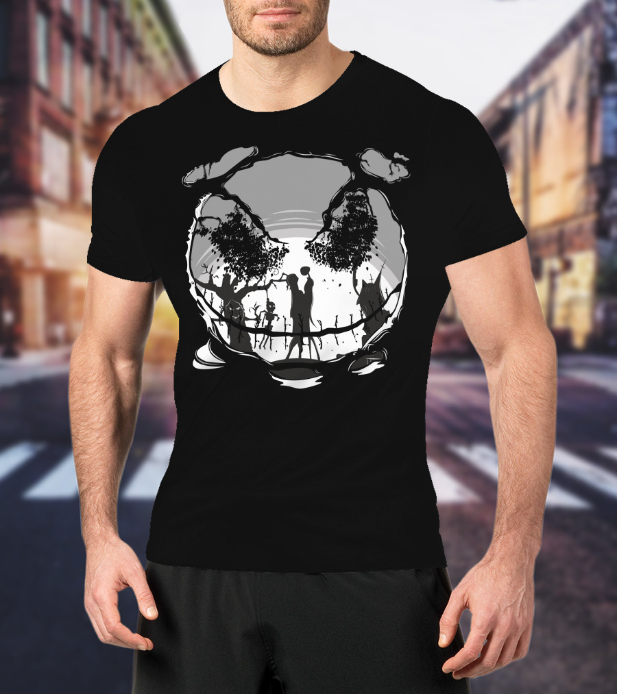 Jack And Sally Embrace In Spooky Forest Scene T-Shirt
