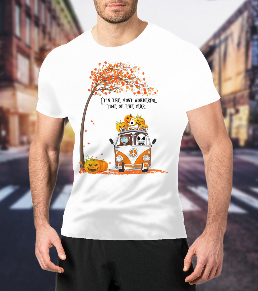 It's The Most Wonderful Time Of The Year Jack Sally Zero And Pumpkin In Van With Tree And Autumn Leaves T-Shirt