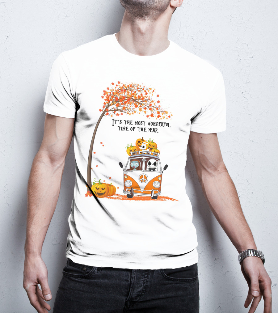 It's The Most Wonderful Time Of The Year Jack Sally Zero And Pumpkin In Van With Tree And Autumn Leaves T-Shirt