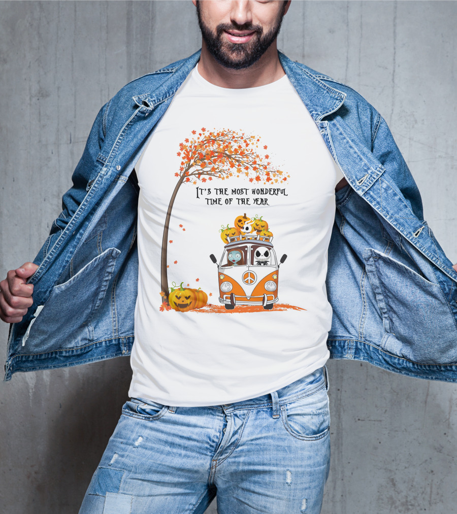 It's The Most Wonderful Time Of The Year Jack Sally Zero And Pumpkin In Van With Tree And Autumn Leaves T-Shirt