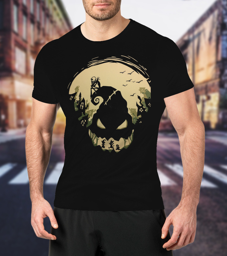 Jack Skellington Sitting On Curved Hilltop Over Oogie Boogie With Walking Figures And Bats In Spooky Moonlit Landscape T-Shirt