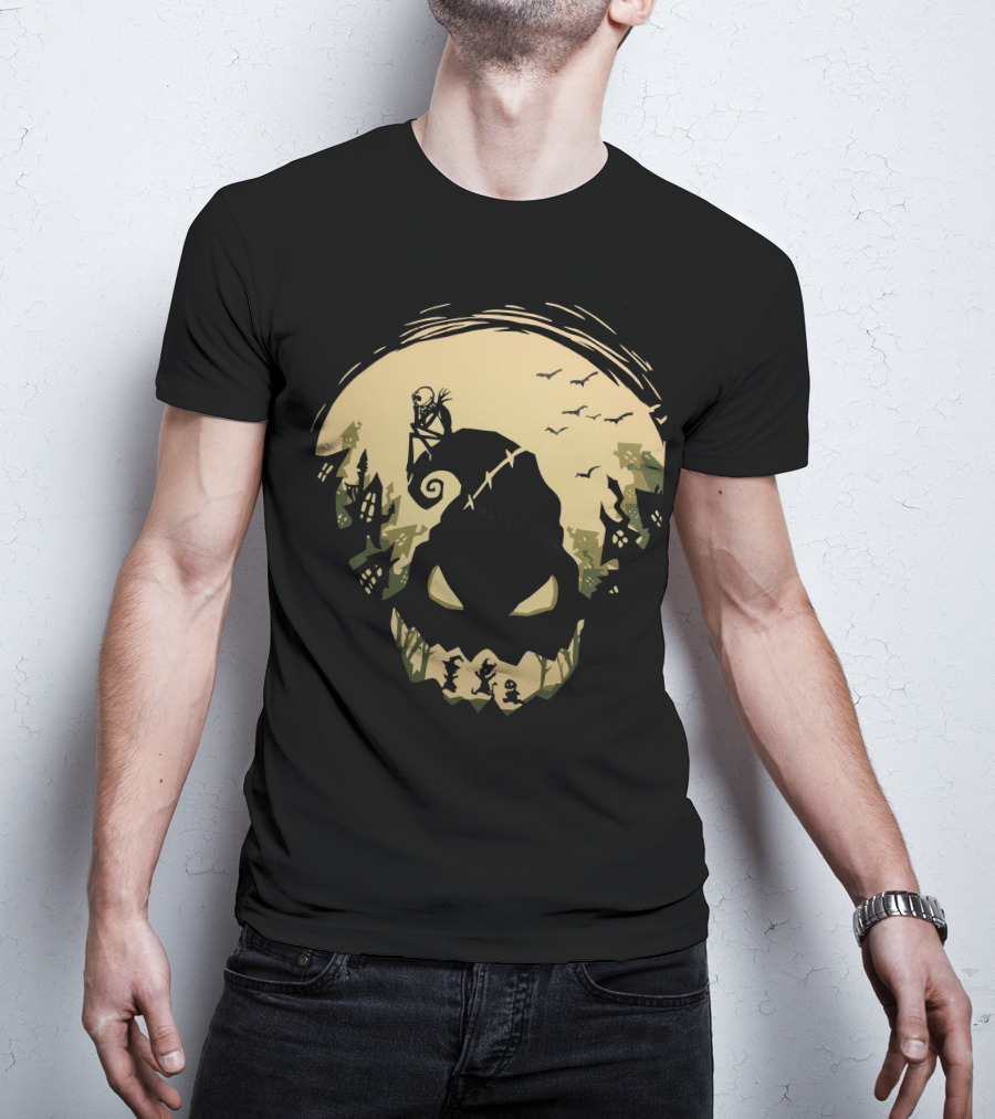 Jack Skellington Sitting On Curved Hilltop Over Oogie Boogie With Walking Figures And Bats In Spooky Moonlit Landscape T-Shirt