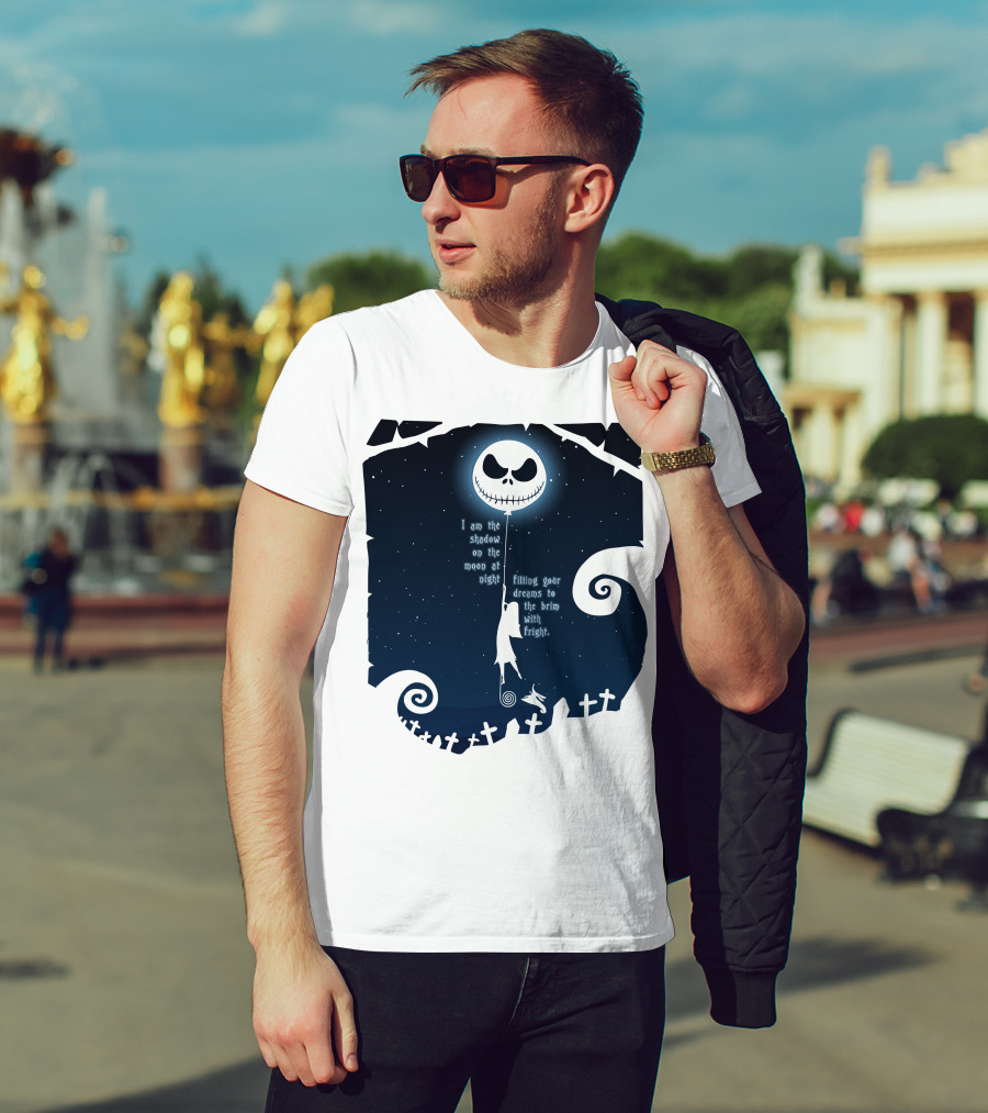 Jack Skellington Sally Zero Shadow On The Moon At Night Filling Your Dreams With Fright T-Shirt
