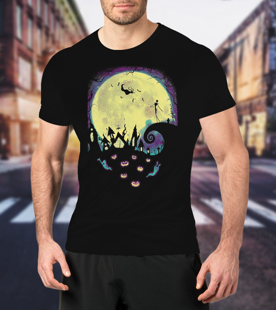 Jack Zero Moonlit Halloween Scene With Ghostly Pumpkins T-Shirt