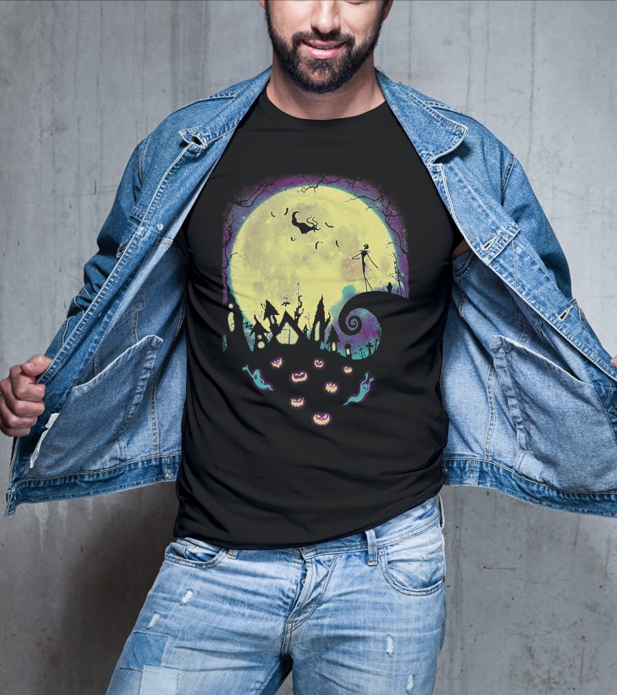 Jack Zero Moonlit Halloween Scene With Ghostly Pumpkins T-Shirt