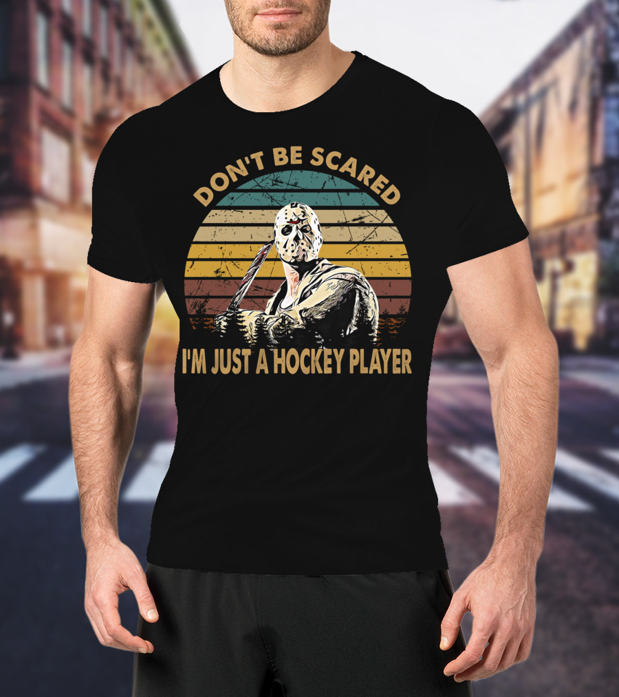 Don't Be Scared I'm Just A Hockey Player Vintage Style Retro Mask T-Shirt