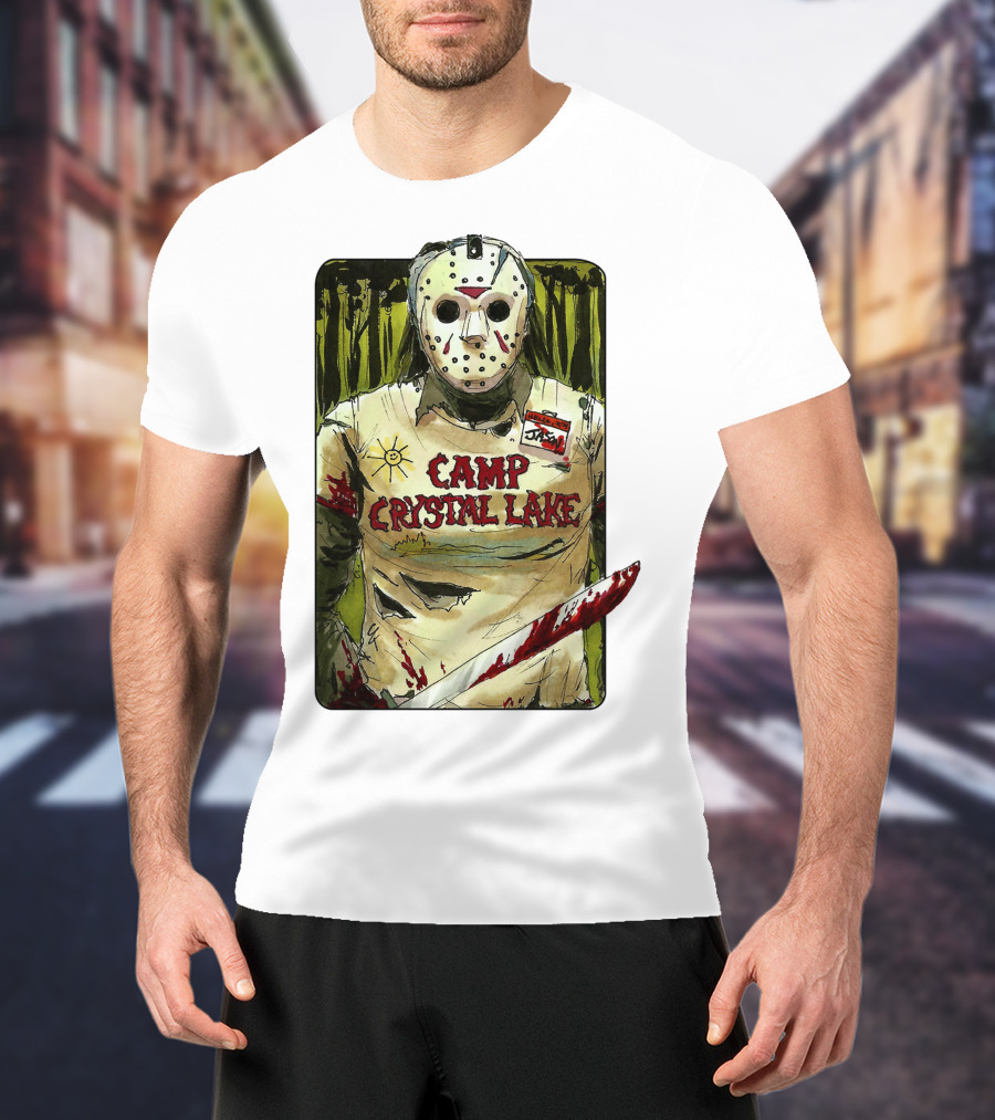 Jason Camp Crystal Lake Horror Mask Blood Stained Machete T-Shirt