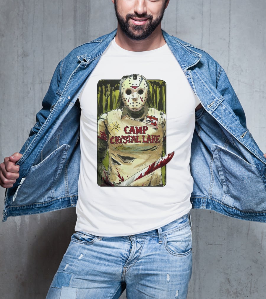 Jason Camp Crystal Lake Horror Mask Blood Stained Machete T-Shirt