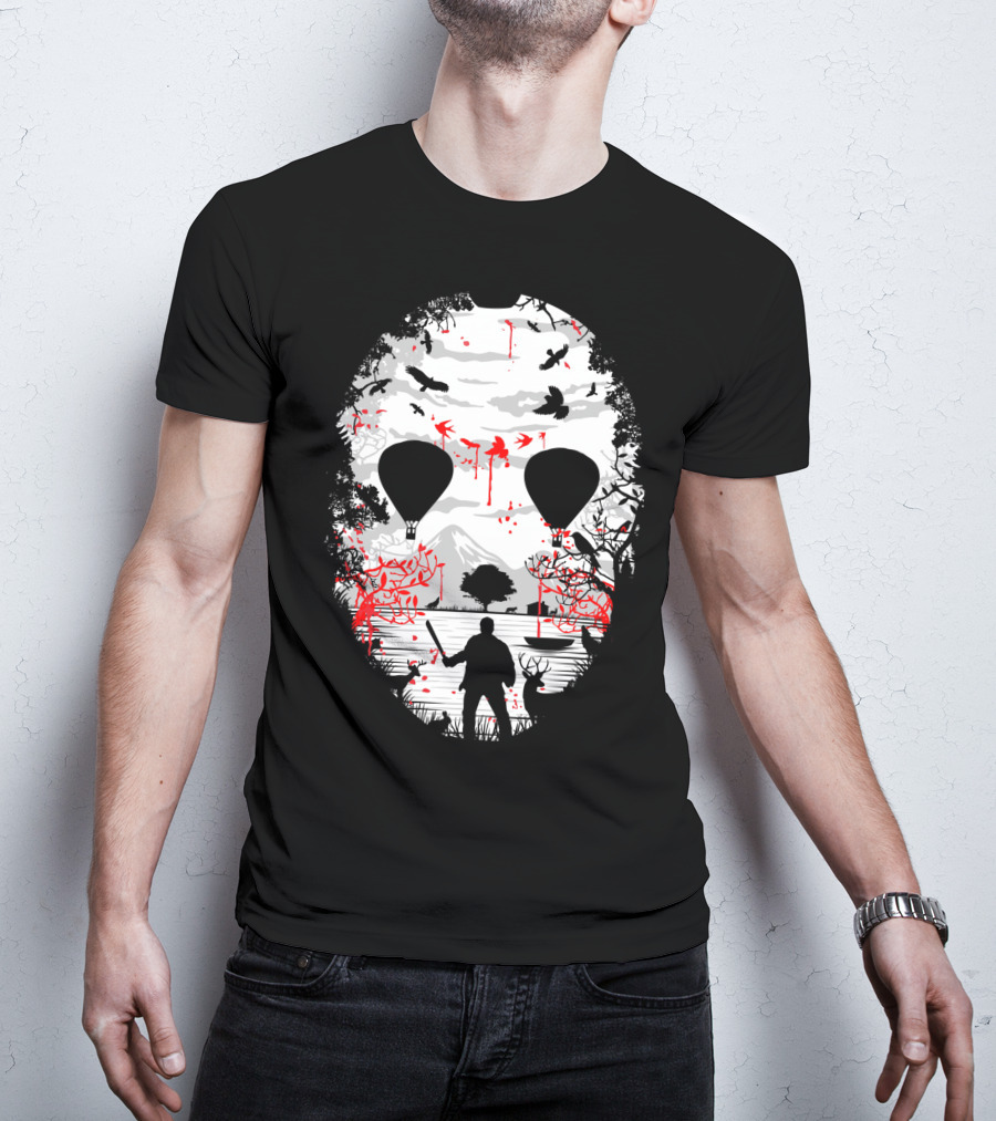 Jason Voorhees Camp Crystal Lake Mask Silhouette Counselor Scene T-Shirt