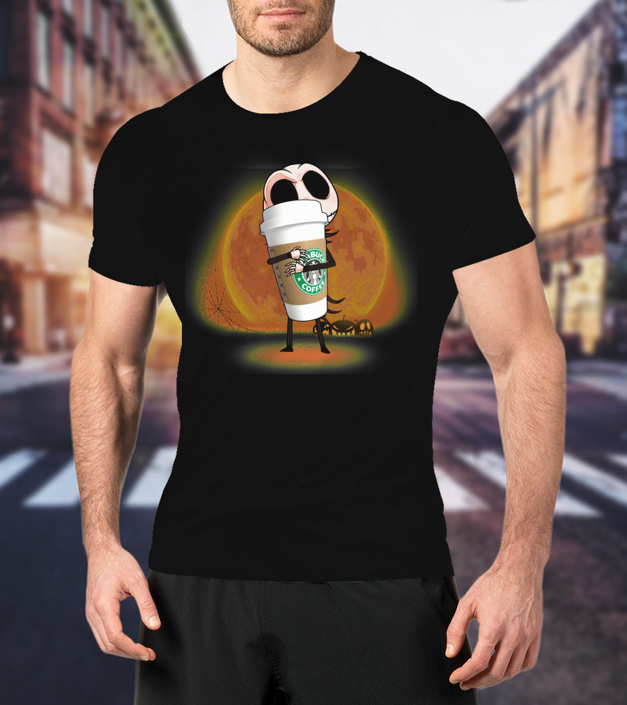 Jack Skellington Hugging Starbucks Coffee Halloween Moon Background T-Shirt
