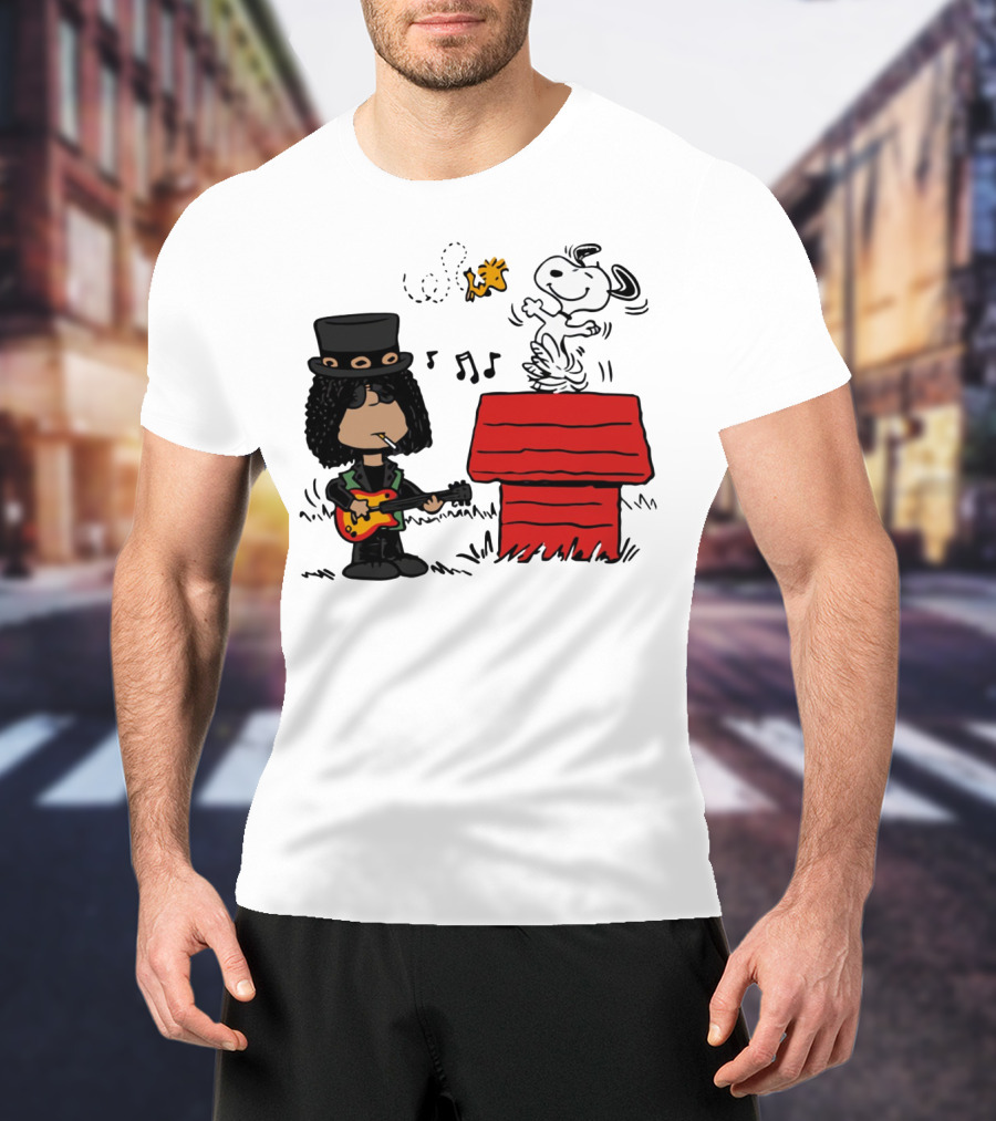 Slash Style Guitarist With Snoopy And Woodstock Playing Music T-Shirt