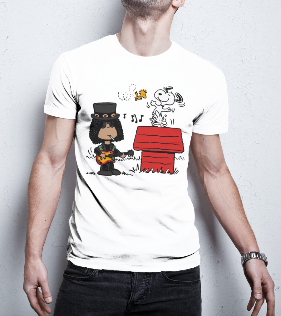 Slash Style Guitarist With Snoopy And Woodstock Playing Music T-Shirt