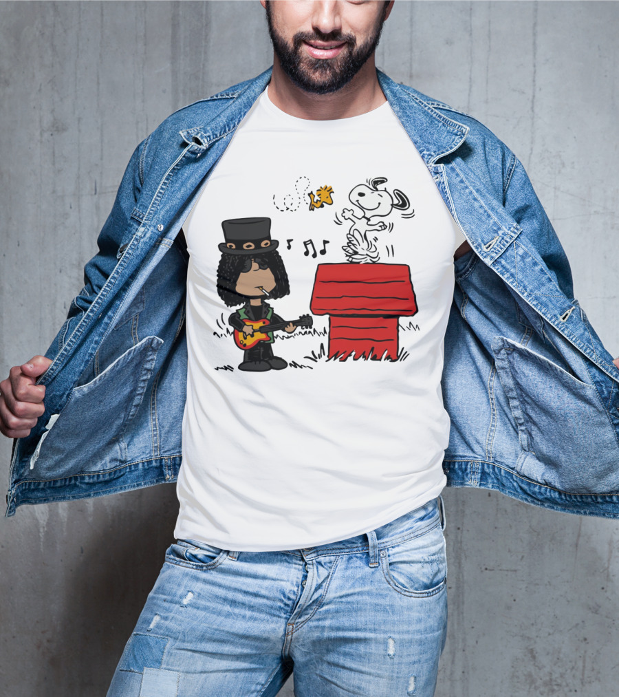 Slash Style Guitarist With Snoopy And Woodstock Playing Music T-Shirt