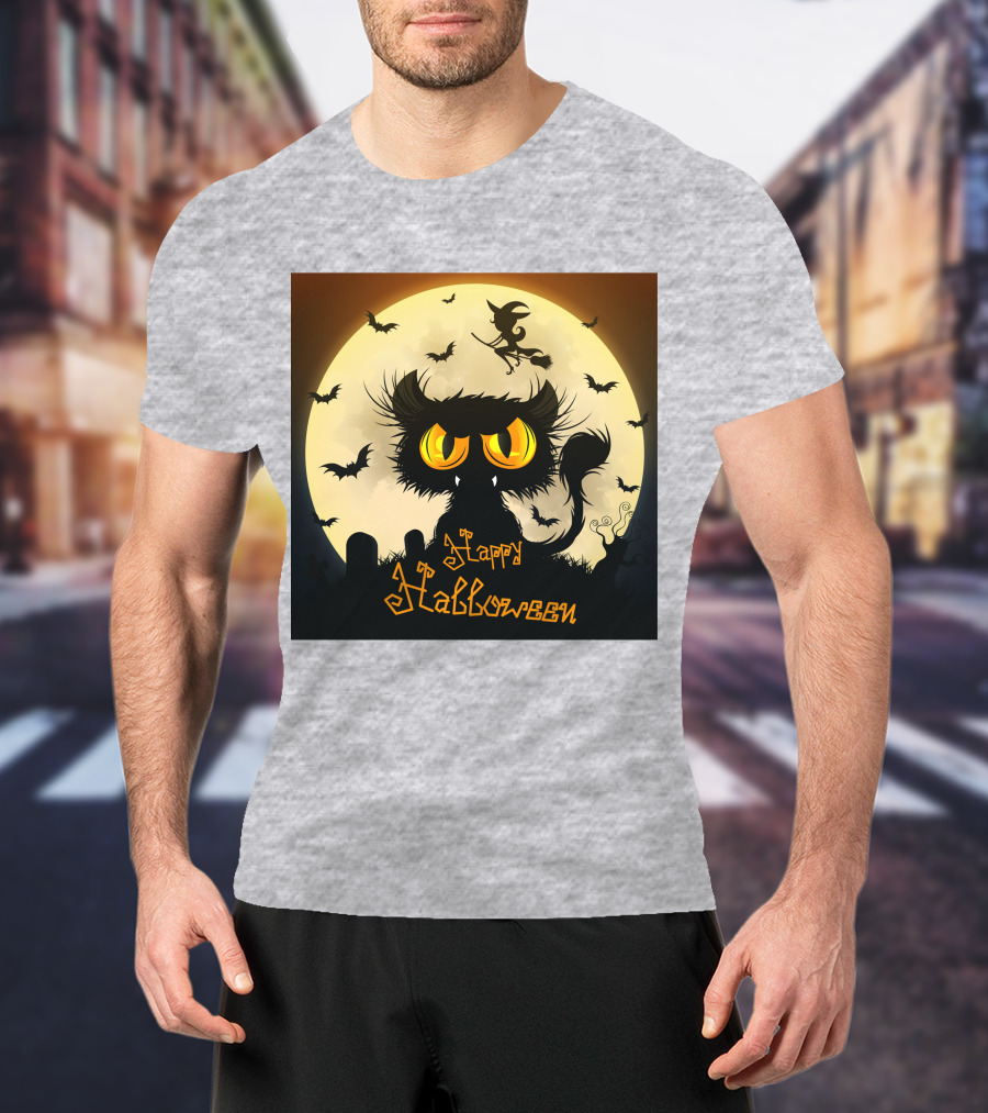 Starry Halloween Cat With Witch And Bats T-Shirt