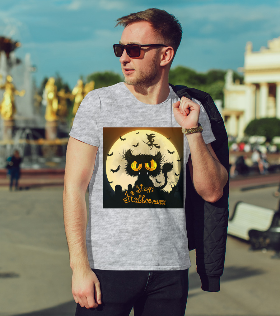 Starry Halloween Cat With Witch And Bats T-Shirt