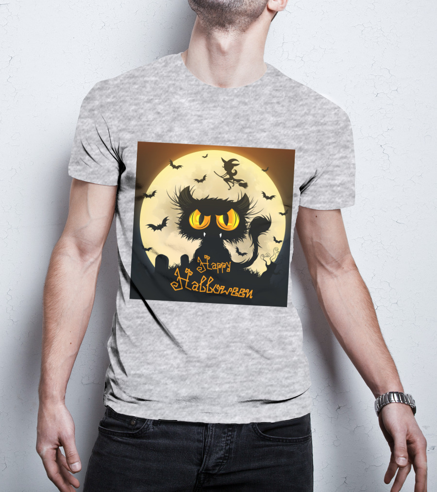 Starry Halloween Cat With Witch And Bats T-Shirt