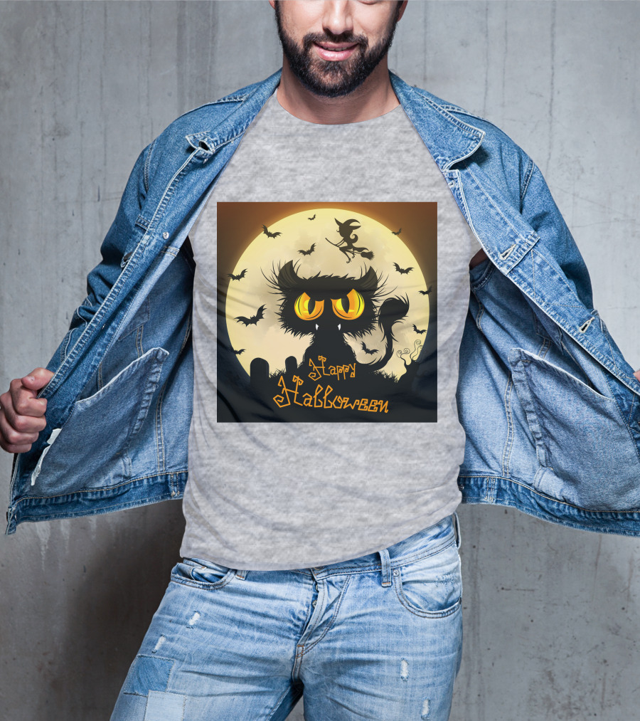 Starry Halloween Cat With Witch And Bats T-Shirt