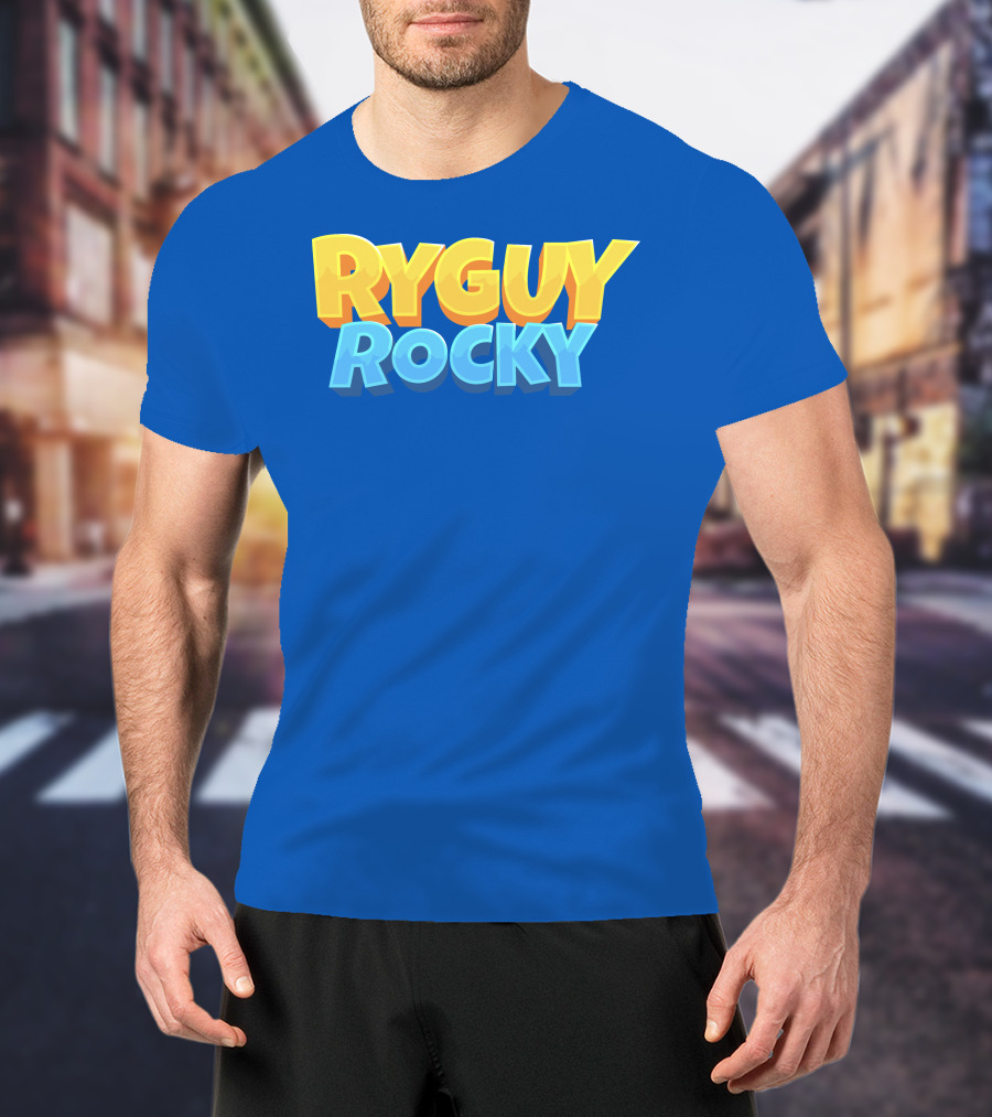 RYGUYROCKY Bold Text Logo Blue Background T-Shirt