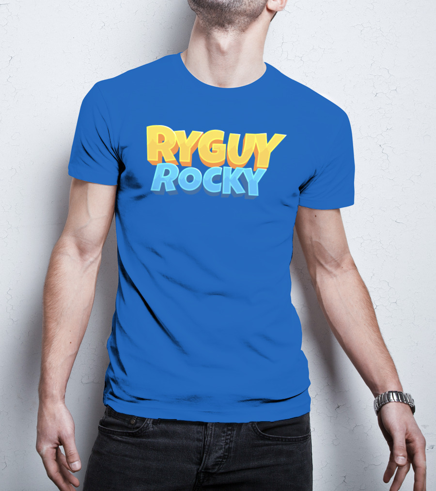 RYGUYROCKY Bold Text Logo Blue Background T-Shirt
