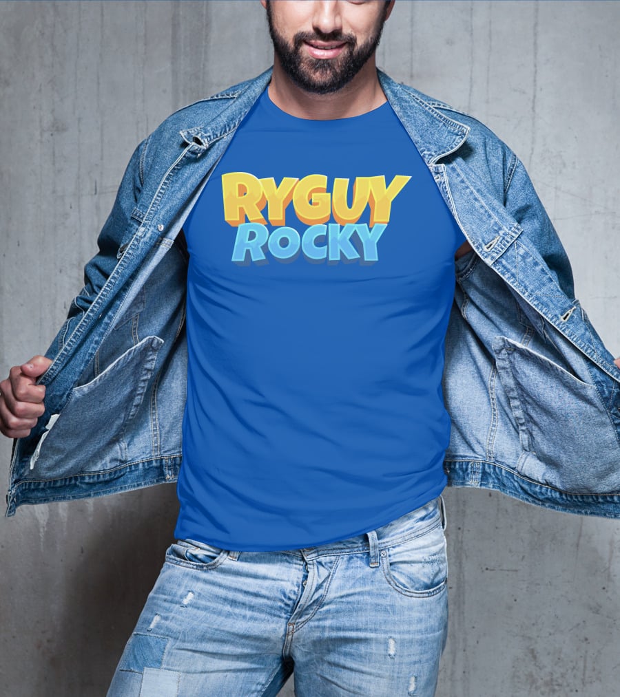 RYGUYROCKY Bold Text Logo Blue Background T-Shirt