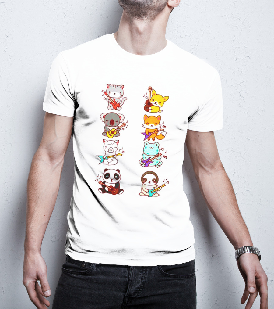 Cat Fox Koala Alpaca Frog Panda Animals Playing Acoustic Electric Guitars Kawaii T-Shirt