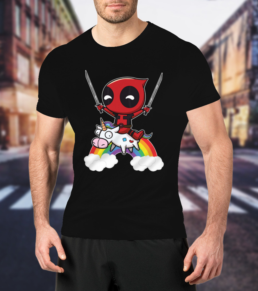 Chibi Deadpool Riding Epic Rainbow Unicorn With Dual Katanas T-Shirt