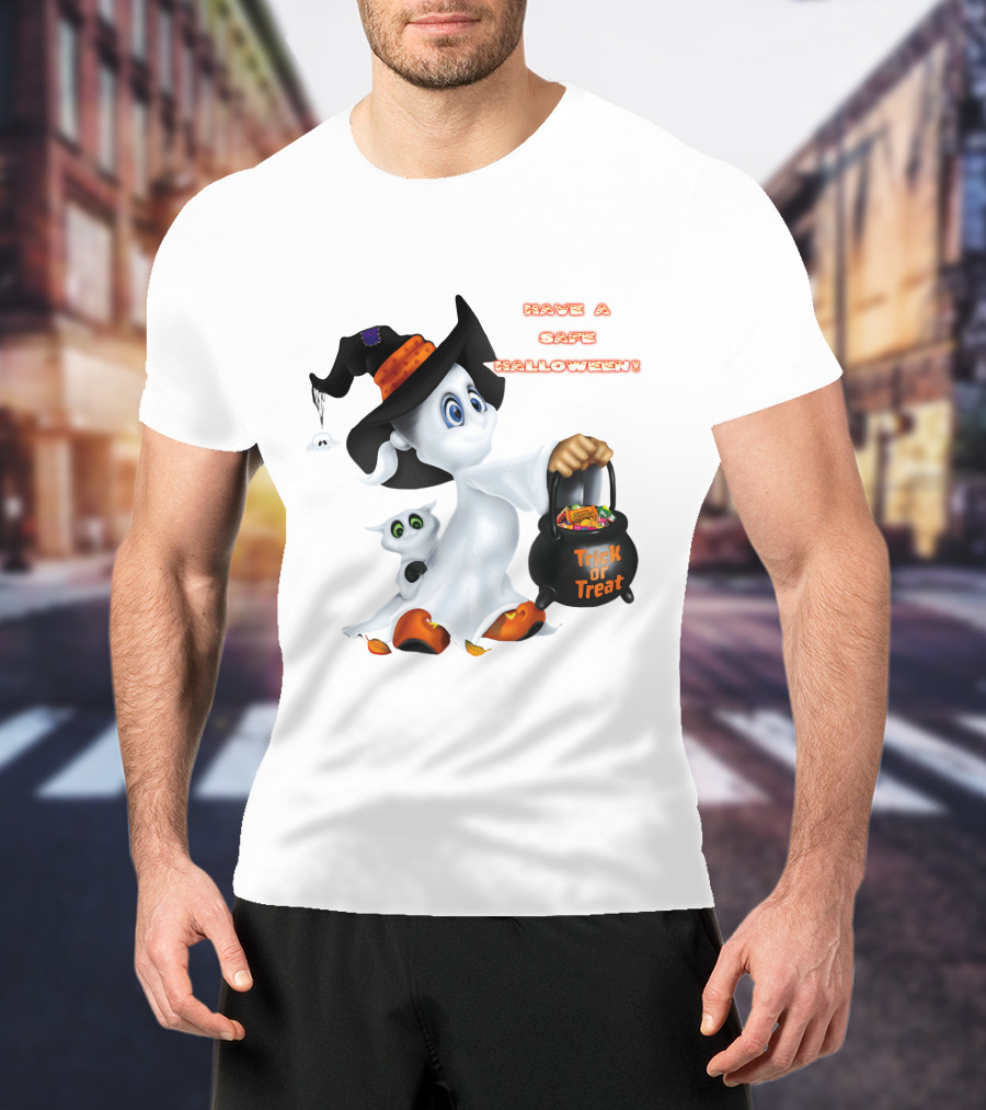 Have A Safe Halloween Trick Or Treat Party Ghost With A Witch Hat And Candy T-Shirt