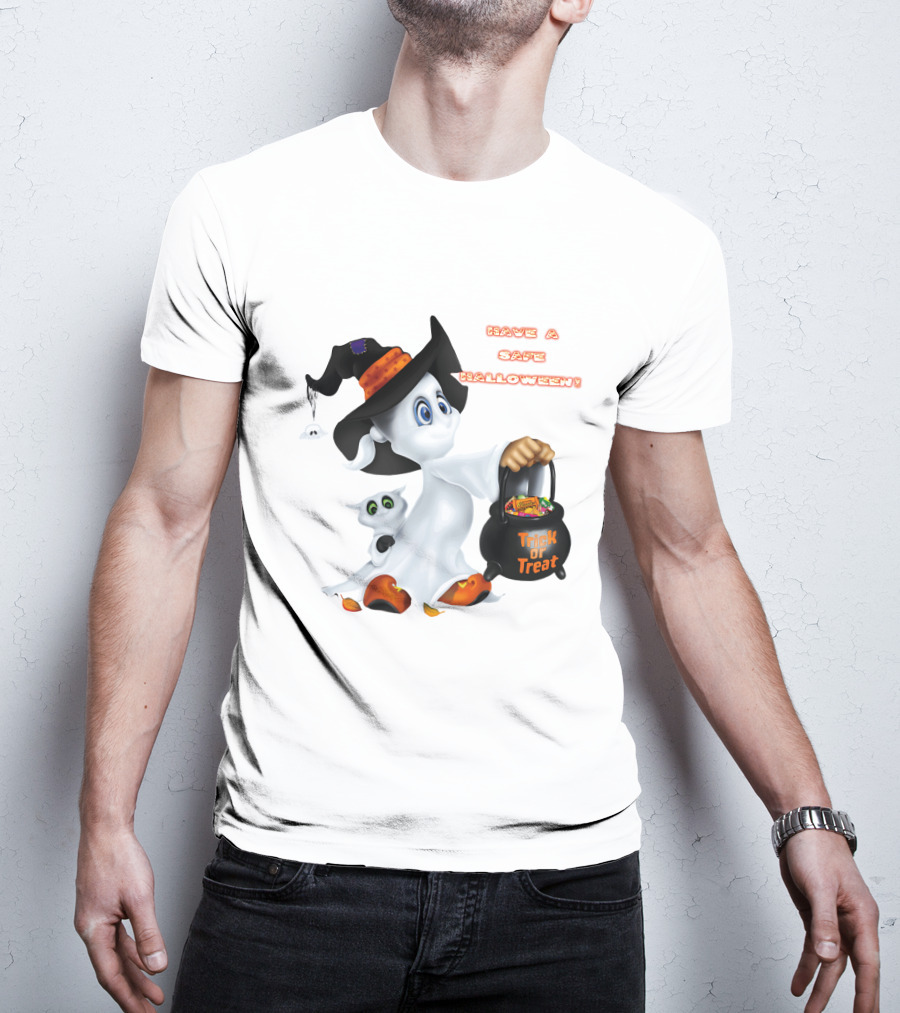 Have A Safe Halloween Trick Or Treat Party Ghost With A Witch Hat And Candy T-Shirt