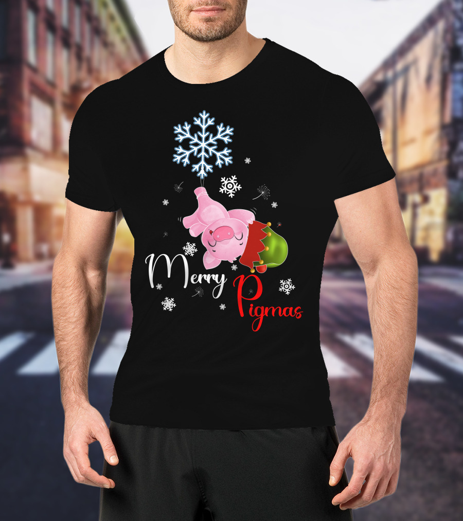 Merry Pigmas Pig Hanging From Snowflake With Santa Hat And Snowflakes T-Shirt