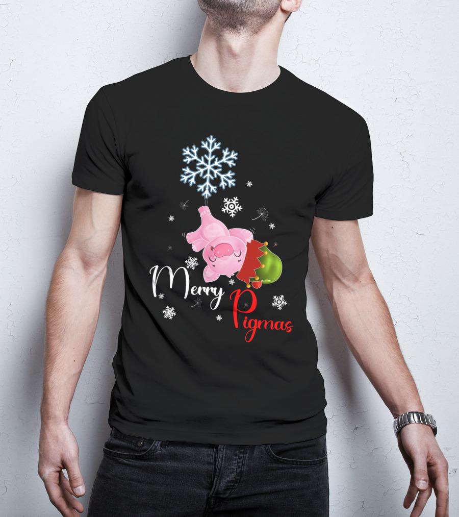 Merry Pigmas Pig Hanging From Snowflake With Santa Hat And Snowflakes T-Shirt