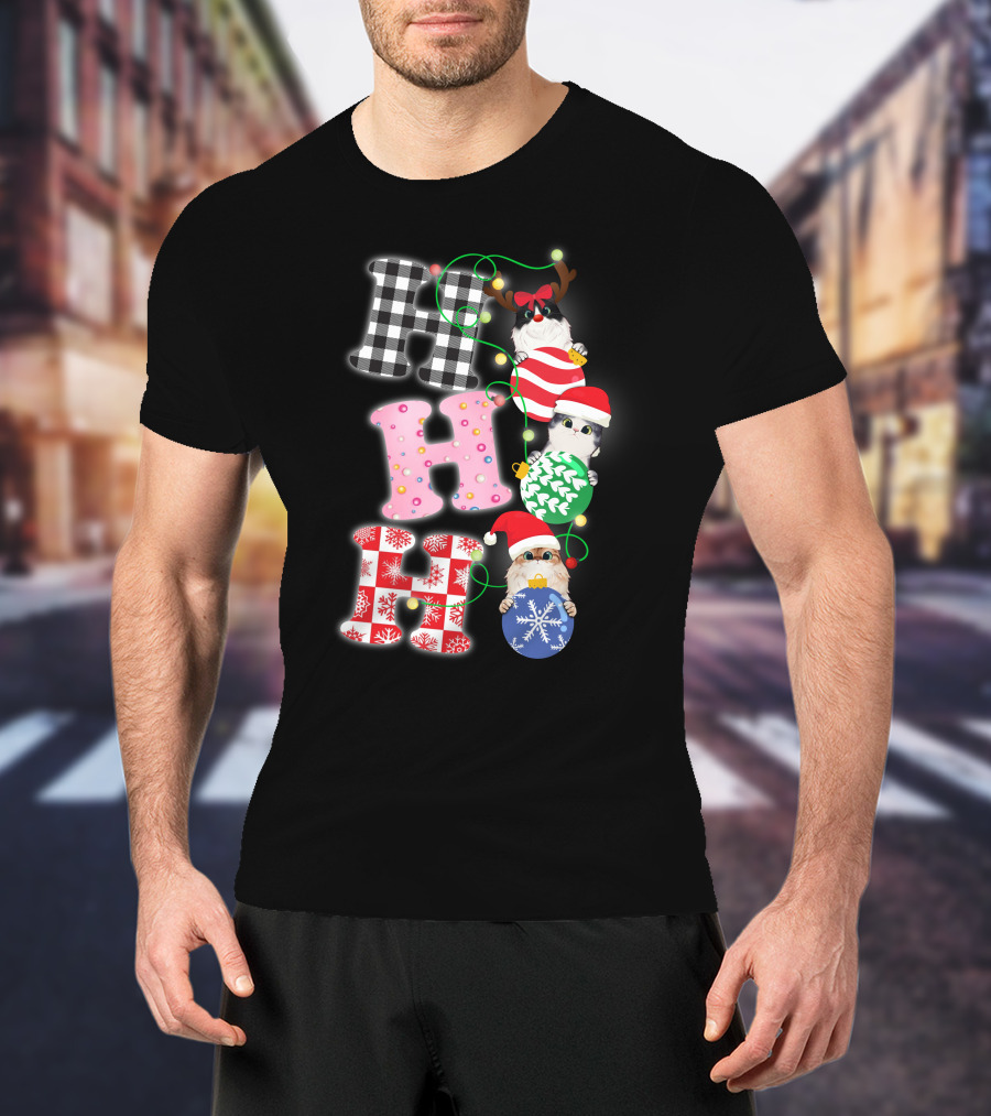 HO HO HO Christmas Cats In Holiday Hats And Ornaments T-Shirt