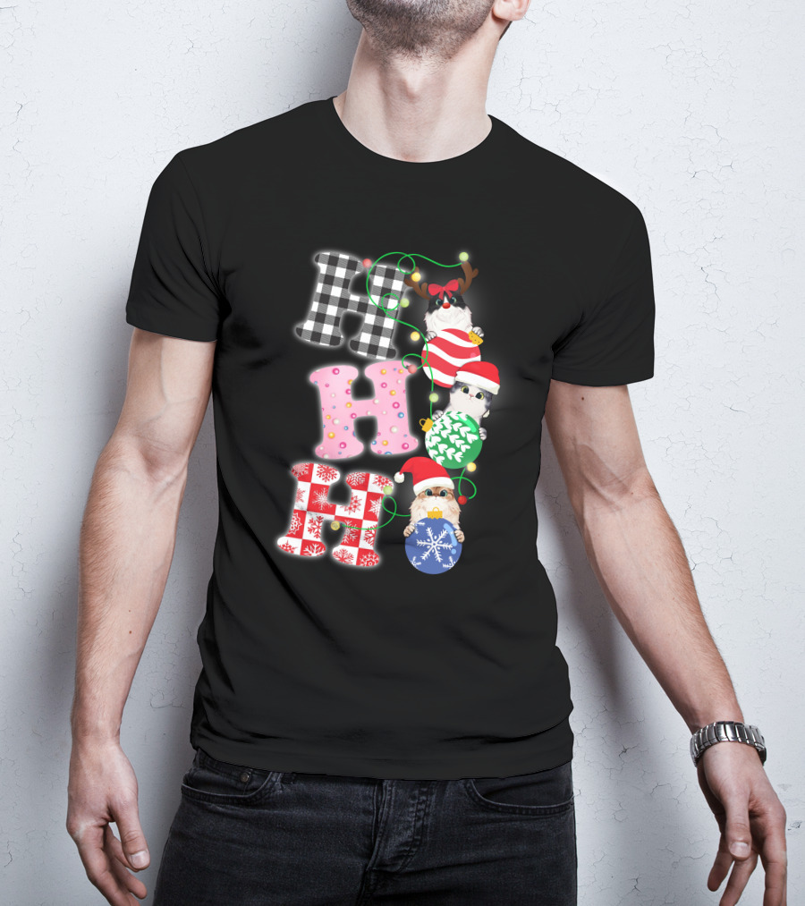 HO HO HO Christmas Cats In Holiday Hats And Ornaments T-Shirt