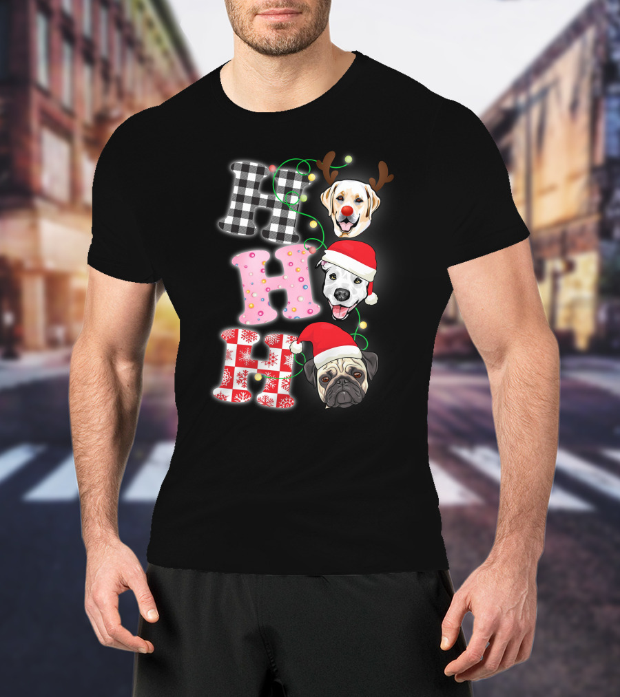 HO HO HO Christmas Dogs With Santa Hats And Reindeer Antlers T-Shirt