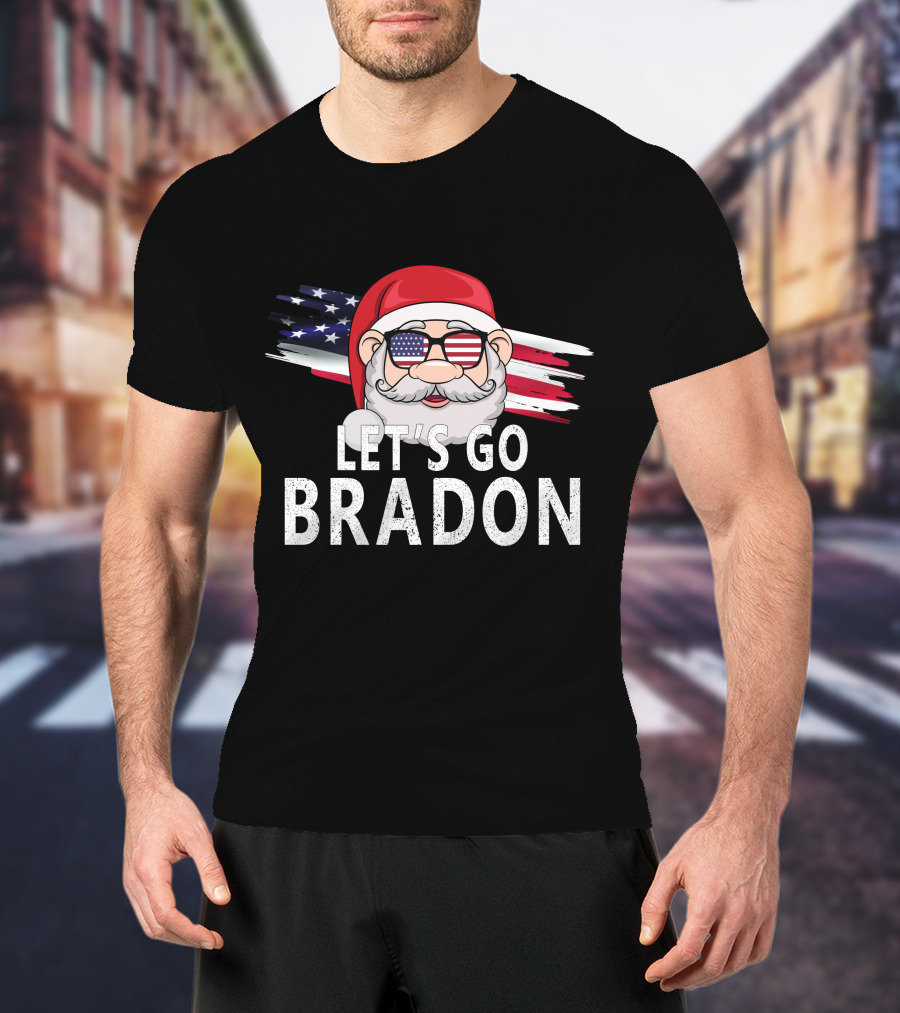 LET'S GO BRADON Christmas Santa USA Flag Glasses T-Shirt