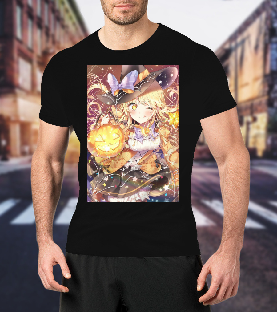 Anime Halloween Witch Girl With Pumpkin Lantern And Stars T-Shirt