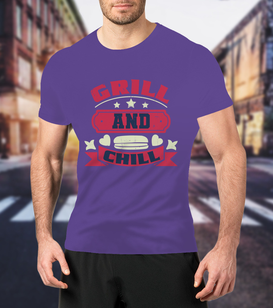 GRILL AND CHILL Stars And Hearts BBQ Burger Banner T-Shirt