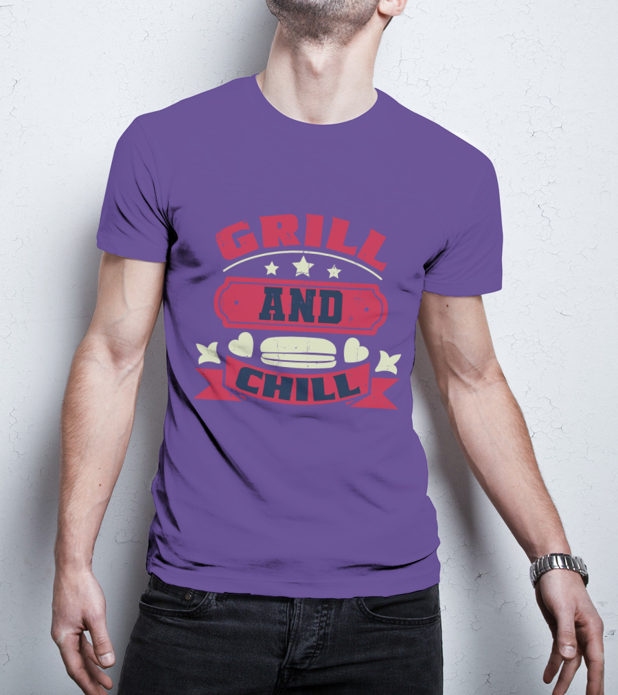 GRILL AND CHILL Stars And Hearts BBQ Burger Banner T-Shirt