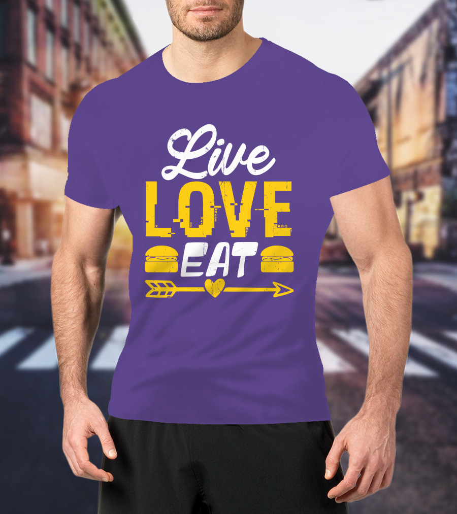 Live Love Eat With Burgers And Heart Arrow On Red T-Shirt