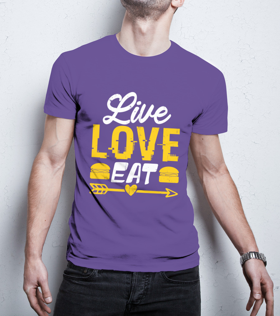 Live Love Eat With Burgers And Heart Arrow On Red T-Shirt